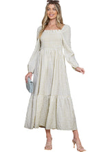 Load image into Gallery viewer, Khaki Plaid Ruffled Square Neck Smocked Tiered Maxi Dress
