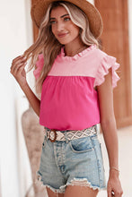 Load image into Gallery viewer, Orange Colorblock Splicing Pleated Ruffle Trim Blouse
