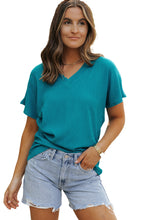 Load image into Gallery viewer, Blue Sapphire Crinkled V Neck Wide Sleeve T-shirt
