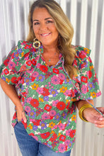 Load image into Gallery viewer, Multicolor Plus Size Floral Print Ruffle V Neck Bubble Sleeve Blouse
