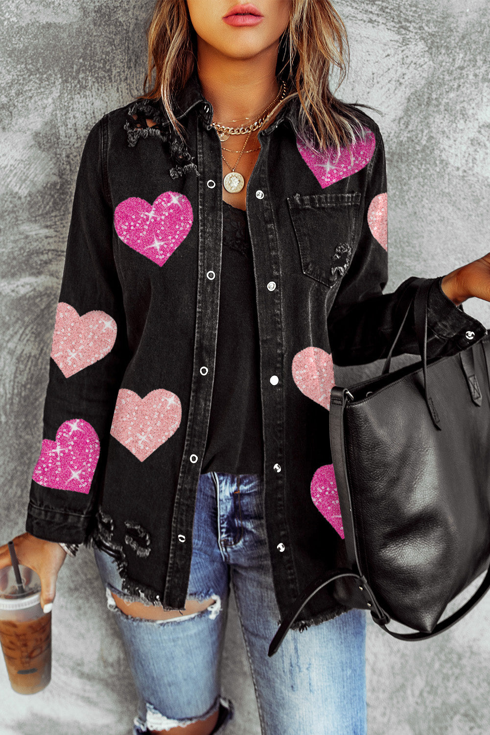 Black Ripped Denim Sequin Heart Graphic Jacket