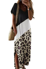 Load image into Gallery viewer, Black Leopard Color Block Side Slit T Shirt Maxi Dress
