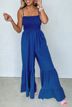 Load image into Gallery viewer, Navy Blue Spaghetti Straps Smocked Ruffled Wide Leg Jumpsuit
