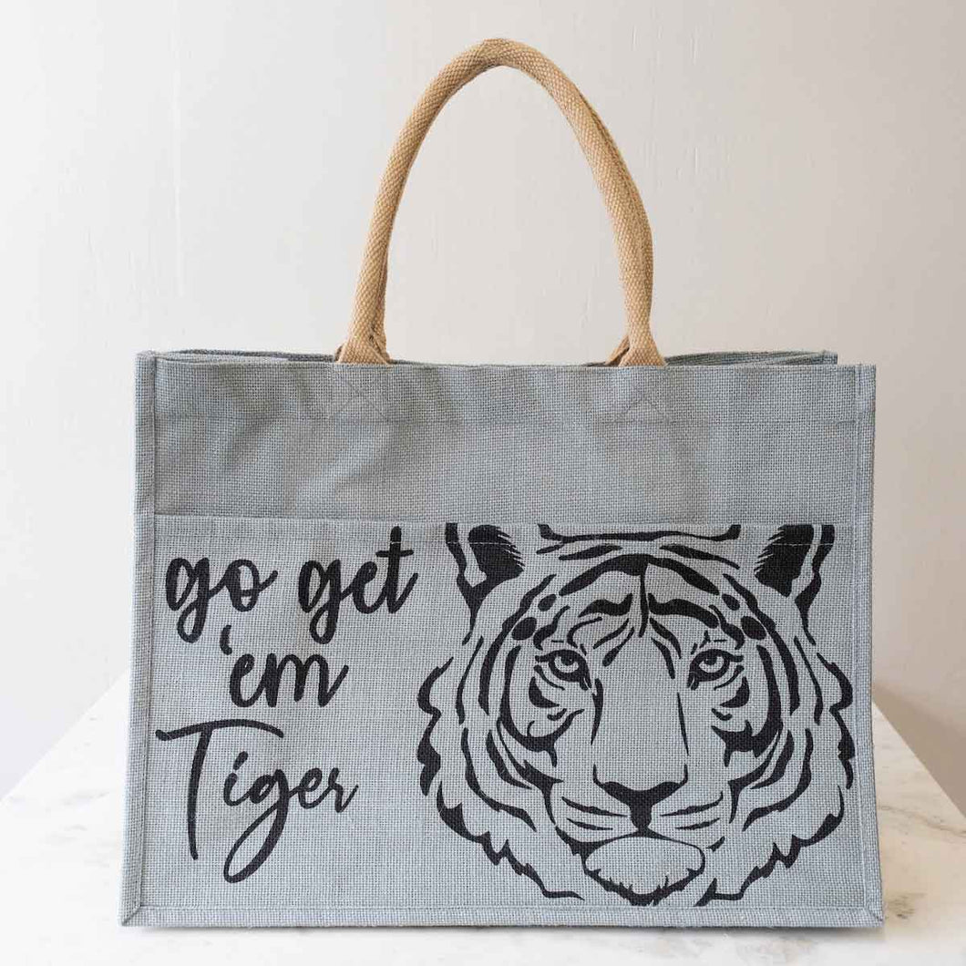 Go Get 'em Tiger Jute Pocket Tote   Gray/Black   19x14x7.5