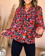 Load image into Gallery viewer, Abstract Floral Shirred Blouse: Red Dahlia
