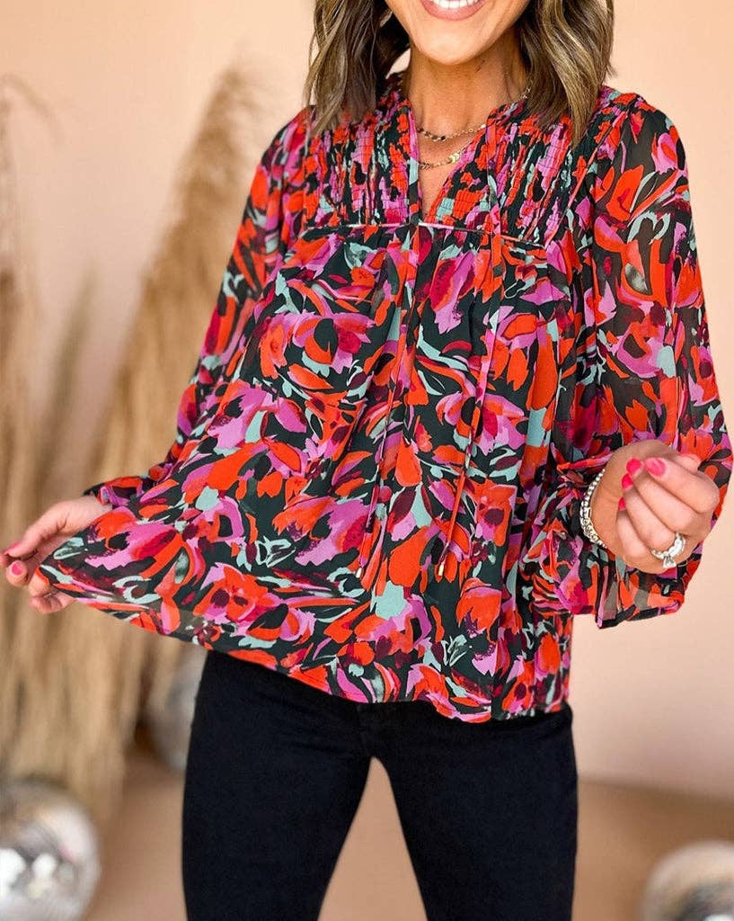 Abstract Floral Shirred Blouse: Red Dahlia